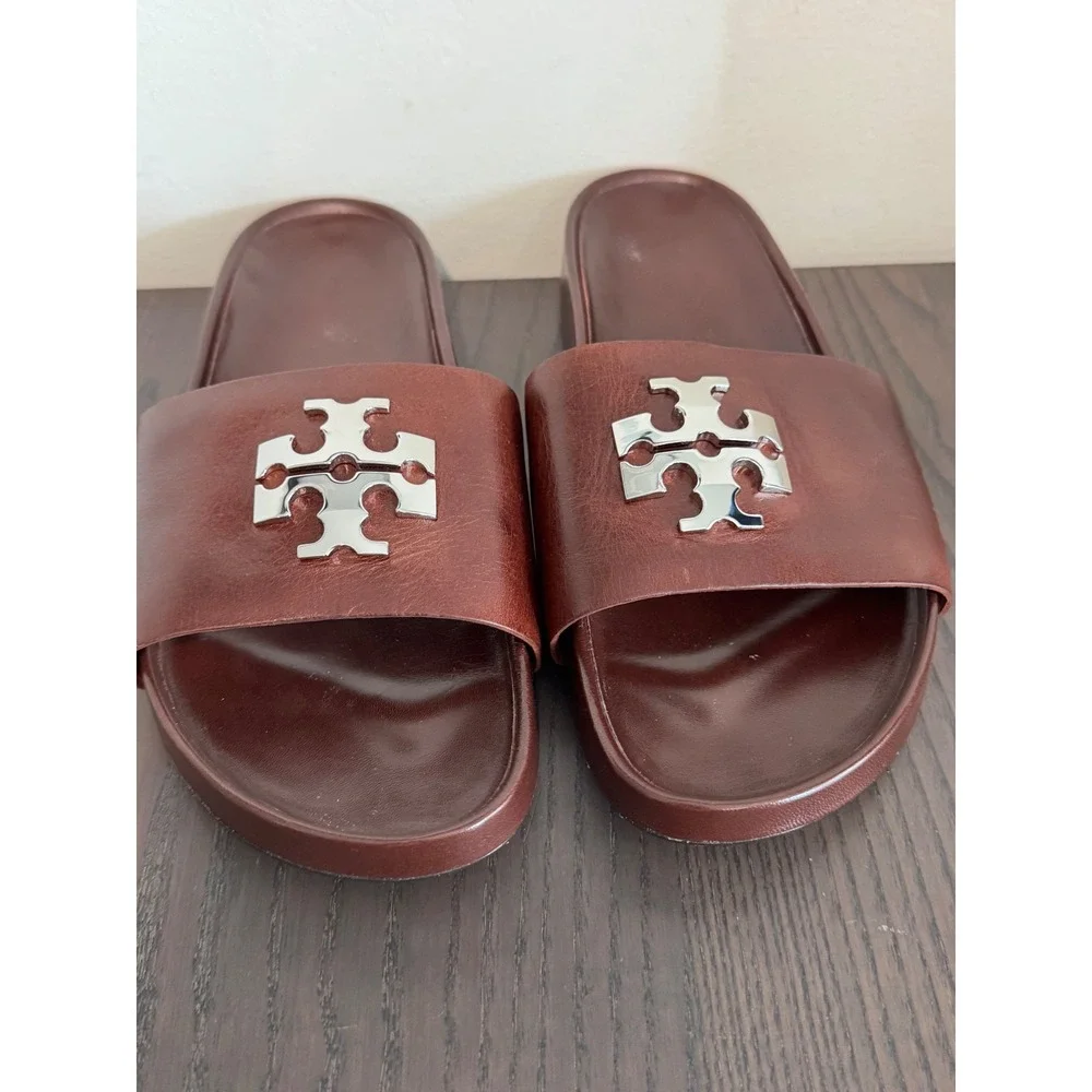 Tory Burch Charlie Sport Slide Womens 8.5 Papaya Seed Leather luxury sandals